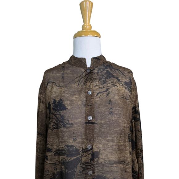 Chico's Asian Print Sheer Brown Mandarin Collar Button Calligraphy Top Small - Picture 3 of 10